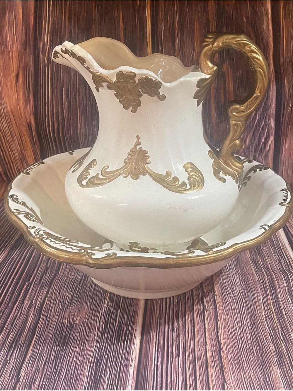 Vintage Porcelain Pitcher and Basin Set Victorian Decor Gorgeous Gold